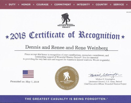 Renee Weinberg Certificate of Recognition